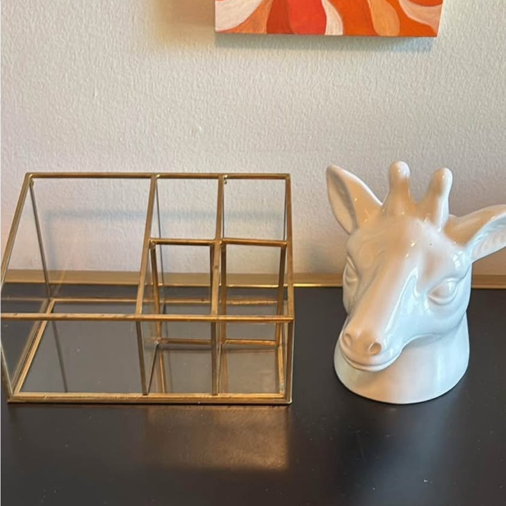 Gold Glass Organizer & White Giraffe Head makeup or pencil holder bundle